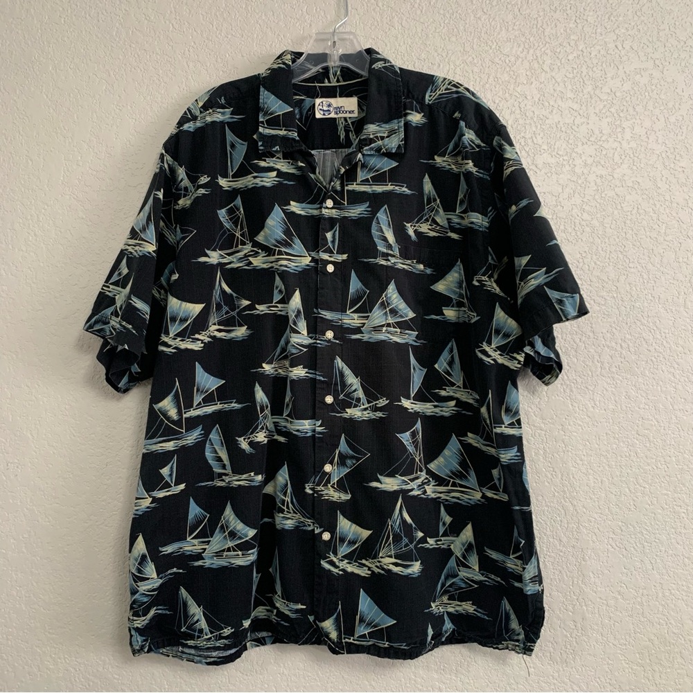 Reyn Spooner Hawaiian Shirt Mens XL Sail Boat  Print Short Sleeve Preppy Resort